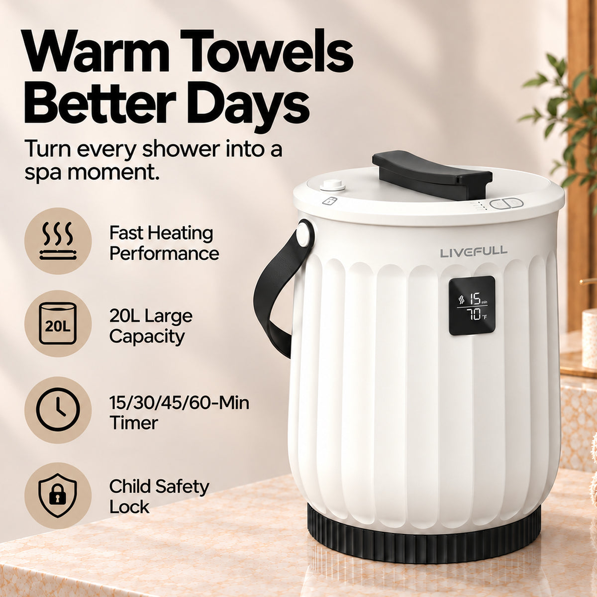 20L Heated Towel Warmer Bucket with Timer, Smart Electric Towel Warmer for Bathroom, Large Capacity Towel Heater with LED Display & Safety Lock – LiveFull